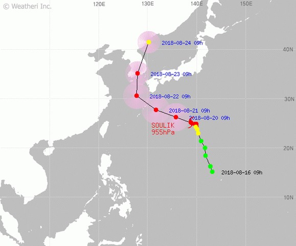 제 19호 태풍 솔릭의 진로도 입니다. 최신발표시각은 2018년 08월 19일 10시이며, 일본 가고시마 남동쪽 약 1100 km 부근 해상에 위치합니다.