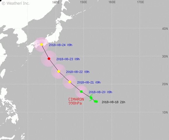 제 20호 태풍 시마론의 진로도 입니다. 최신발표시각은 2018년 08월 19일 10시이며, 괌 동북동쪽 약 830 km 부근 해상에 위치합니다.