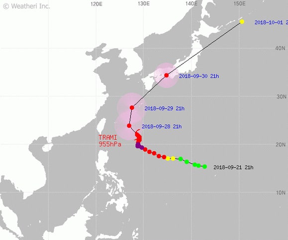 第 24号台風チァミの進路もです. 最新発表視覚は 2018年 09月 27日 22時であり, 日本沖繩他人同士東約 500 km 近所海上に位します.