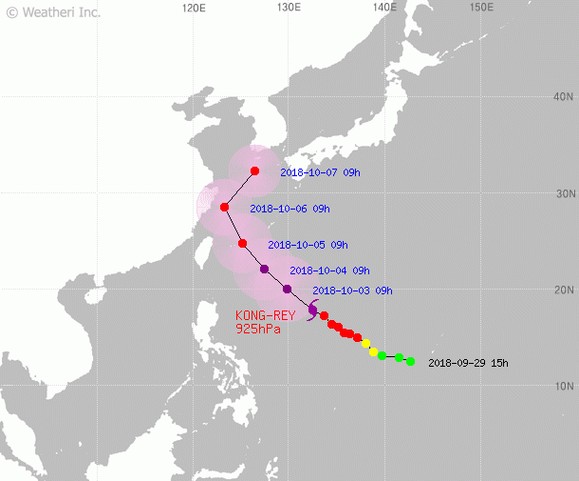 제 25호 태풍 콩레이의 진로도 입니다. 최신발표시각은 2018년 10월 02일 10시이며, 일본 오키나와 남남동쪽 약 1080 km 부근 해상에 위치합니다.