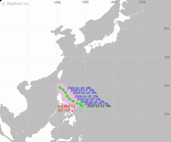 제 26호 태풍 갈매기의 진로도 입니다. 최신발표시각은 2019년 11월 13일 16시이며, 필리핀 마닐라 동남동쪽 약 820 km 부근 해상에 위치합니다.